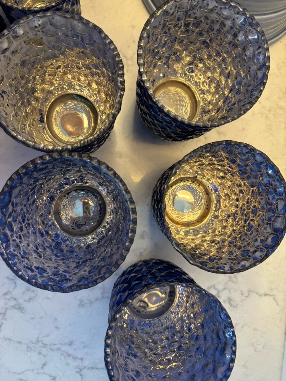 Set of 5 Blue Glass Textured votive  - for flameless candles only